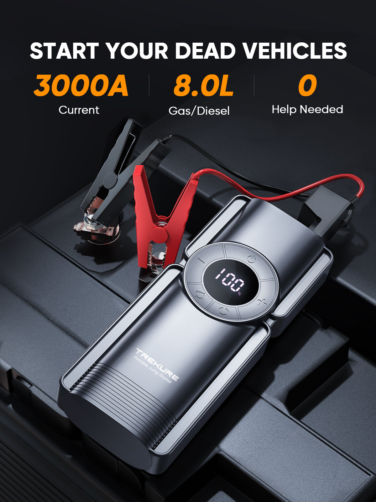 Portable Car Jump Starter with Air Compressor, 150PSI 3000A Car Battery Jump Starter Battery Pack (9L Gas/8L Diesel), Safe Car Jumper Starter Portable Jump Box with Display, Emergency Light